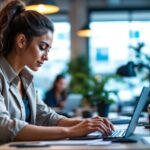 Individu profesional bekerja di laptop di kantor modern.