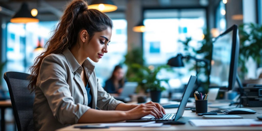 Individu profesional bekerja di laptop di kantor modern.